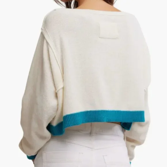 NWT Free People Into the Blue Crop Sweater in Tropical Blue Combo Size Medium - Picture 2 of 3